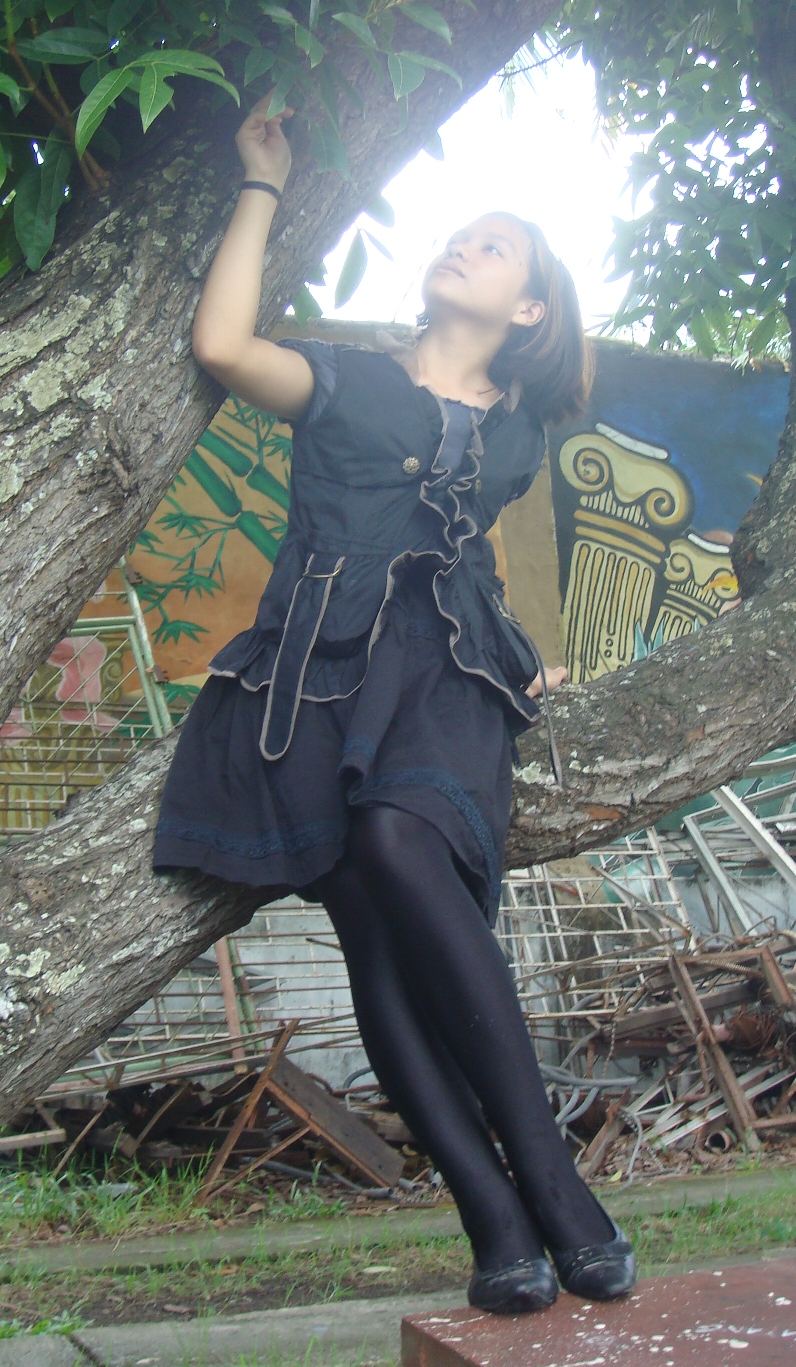 Auburn Gothic Teen Girl wearing Black Opaque Pantyhose and Black Dress